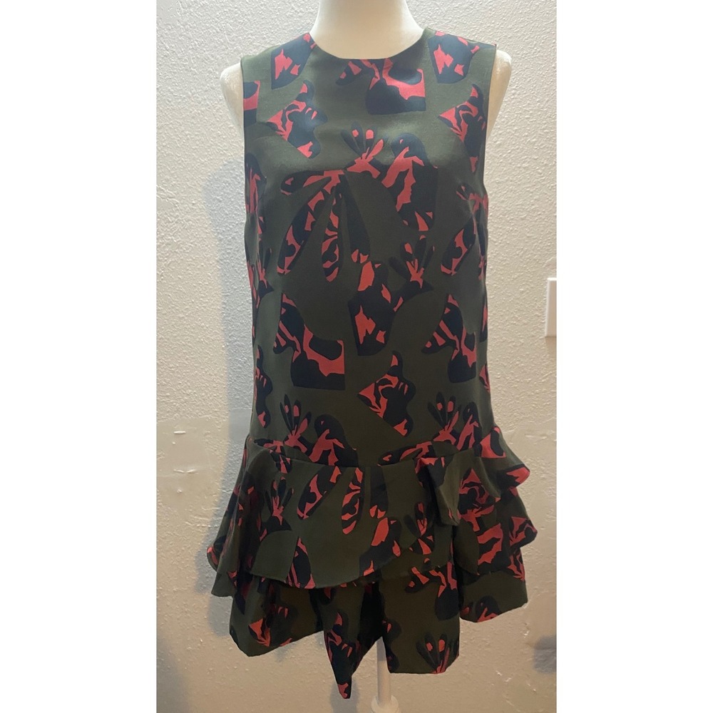 Banana Republic Dress Women 6 Olive Green Abstract Print Ruffle Mini